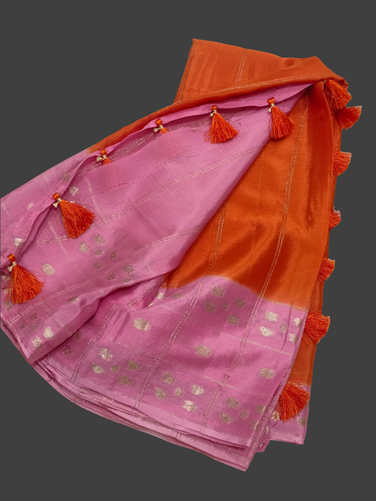 Orange n Pink elegant Semi Mysore Crepe Silk saree with Gold zari weaving borders