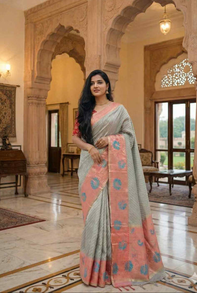 Blue and Peach Kanchi Tissue Saree with Meenakari Border.