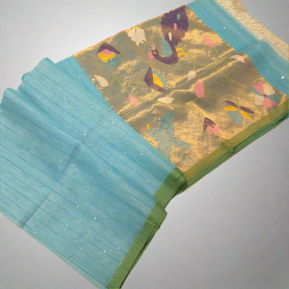 Elegant and Classy Blue Colour Muslin Jamdani Tissue weaving Saree