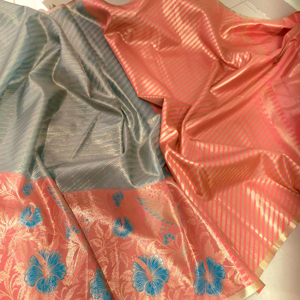 Blue and Peach Kanchi Tissue Saree with Meenakari Border.