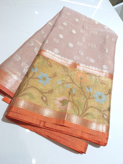 Elegant and Classy Peach Pink n Orange colour Silk Kota Saree