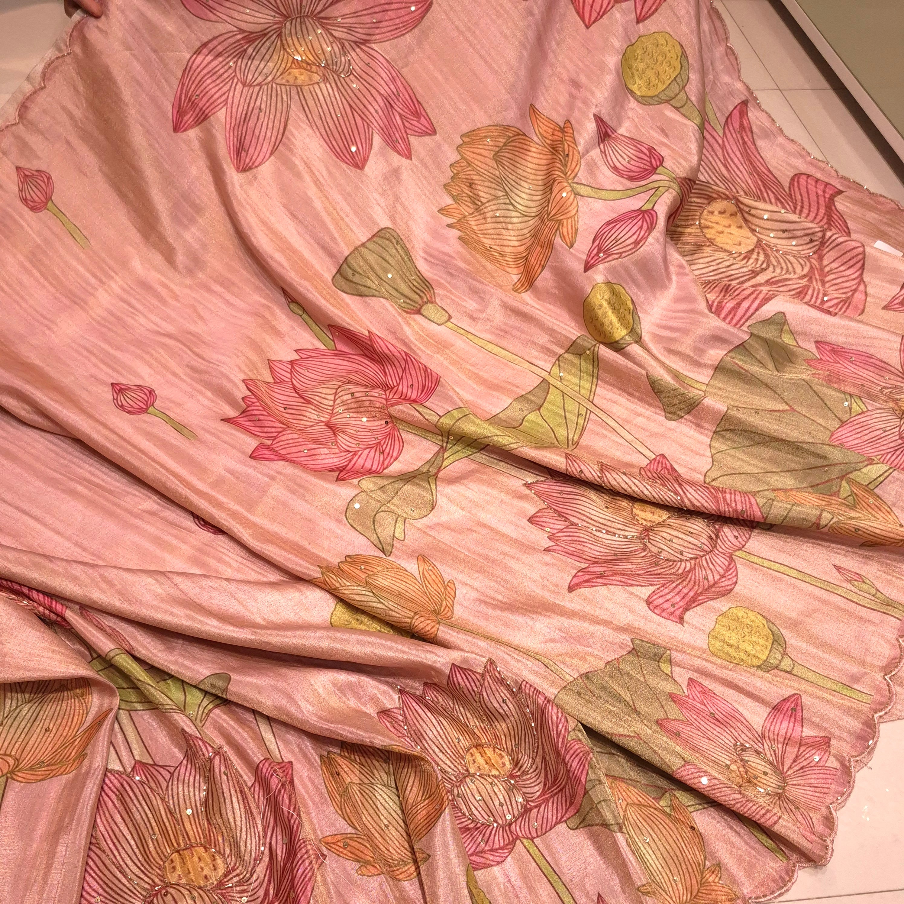 Exclusive Ivory Silk Saree with allover Pichwai design & Glassbead work