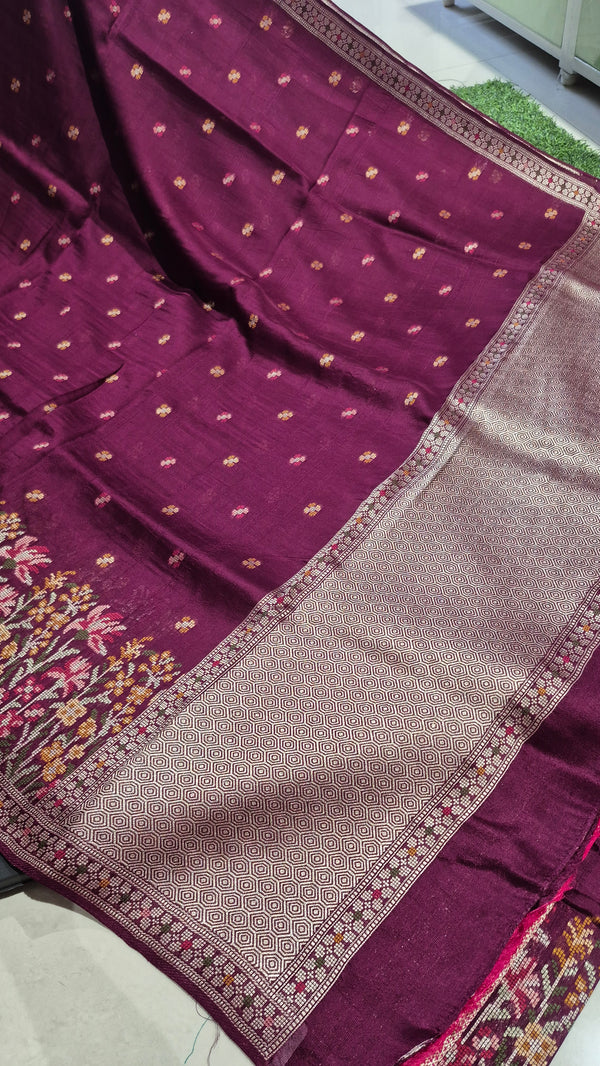 Handloom Wine color Matka Silk With Jamdani weaving