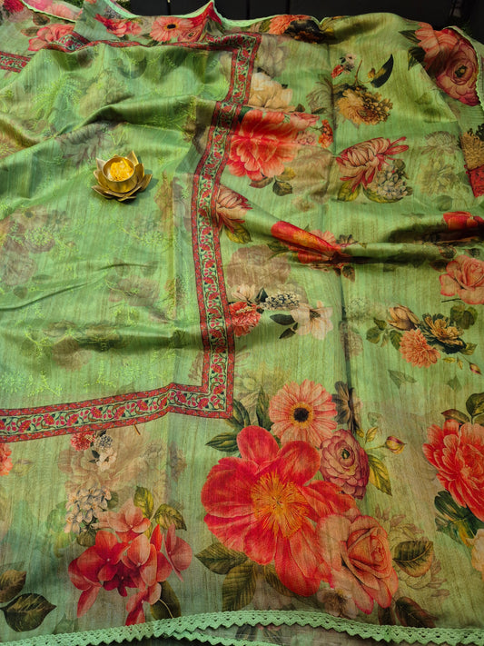 Pure Maheswari Silk with floral design along with nice embroidery